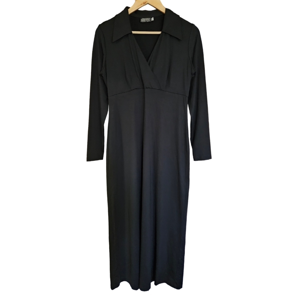 Vintage Jacob Collared Stretch Long Sleeve Maxi Dress Black M